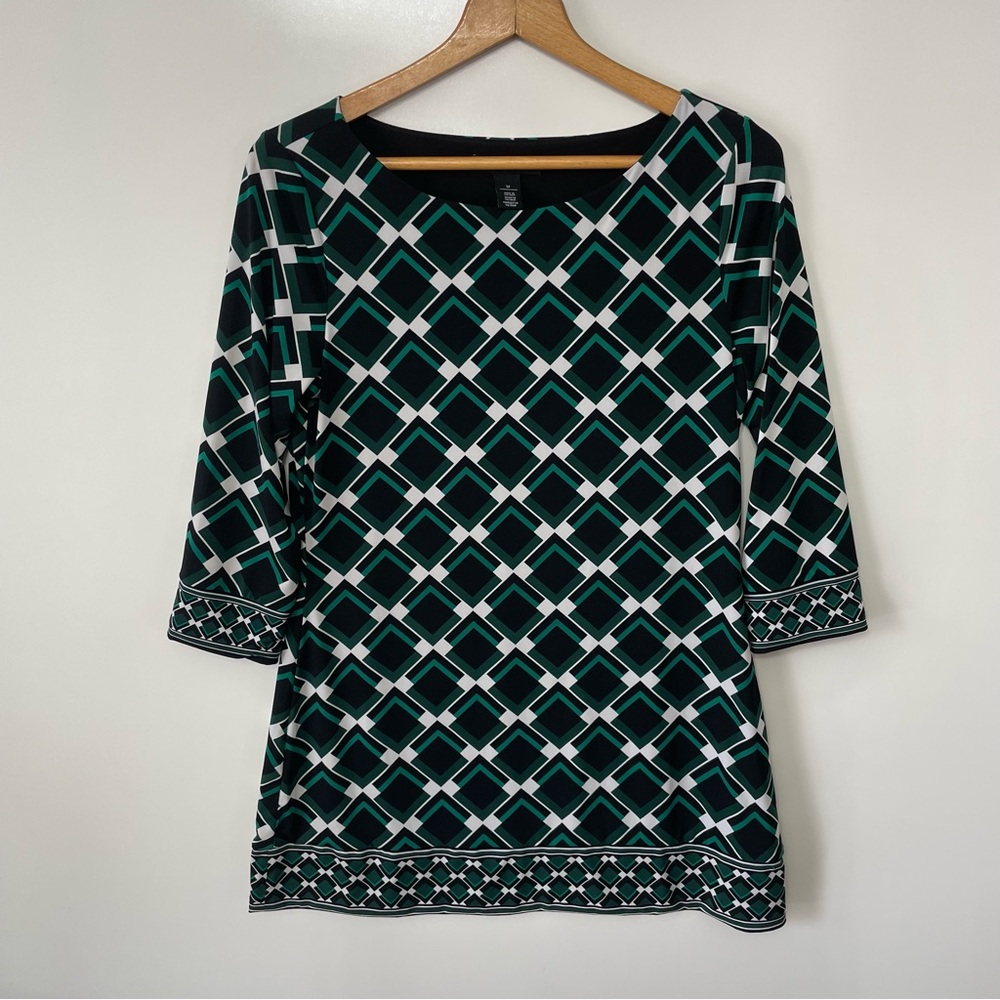 WHBM Black Green Tunic Dress 3/4 Sleeve Boatneck Geometric Womens M Funeral Boho